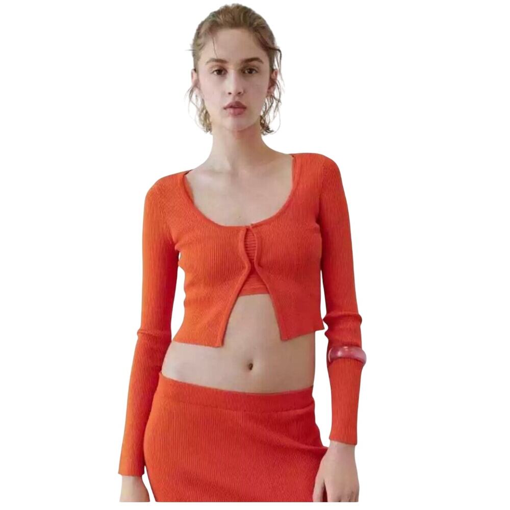 Zara Ribbed Knit Cropped Cardigan - Color: Orange - Size: Medium